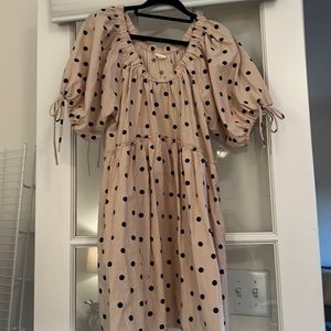 Petal and pup tan/navy polka dot off the shoulder dress.